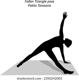 Silhouette von jungen Frauen, die Yoga praktizieren, Fallen Triangle Pose oder Fallen Star Pose tun. Patita Tarasana. Unterstützung für den Arm und Rückbiegung. Zwischenschaltung. Einzige Vektorgrafik.