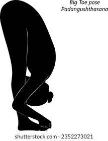 Silhouette of young woman practicing yoga, doing Big Toe pose. Padangushthasana. Standing and Forward Bend. Intermediate. Isolated vector illustration.