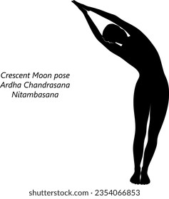 Silhouette of young woman practicing yoga, doing Crescent Moon pose or Half Moon pose. Ardha Chandrasana or Nitambasana. Standing and Lateral Bend. Intermediate. Isolated vector illustration.