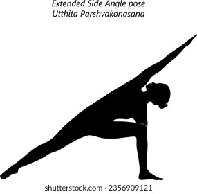 Silhouette of young woman practicing yoga, doing Extended Side Angle pose. Utthita Parshvakonasana. Standing and Lateral Bend. Intermediate. Isolated vector illustration.