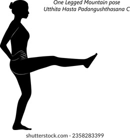 Silhouette of young woman practicing yoga, doing One Legged Mountain pose. Utthita Hasta Padangushthasana C. Standing and Balancing. Intermediate. Isolated vector illustration.