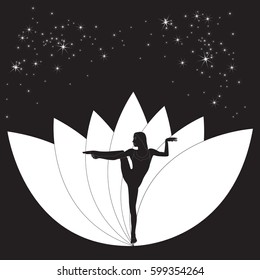 Silhouette young woman practicing yoga. Girl pilates. Vector on abstract black white background. Stars sky.