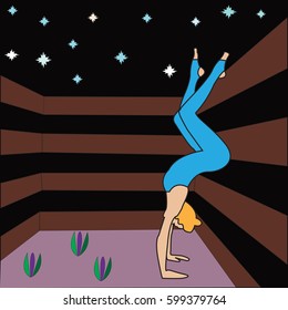 Silhouette young woman practicing yoga. Girl pilates. Vector on abstract black background. Starry sky.