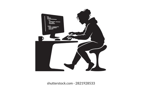 Silhouette of a young woman programmer coding on a computer at her desk in a home office setting