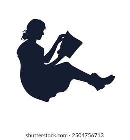 Silhouette einer jungen Frau, die ein Buch liest, Elegante Silhouette der Frau, die ein Buch liest - Schwarz-Weiß-Vektorgrafik für Bildung, Literatur und Entspannungskonzepte