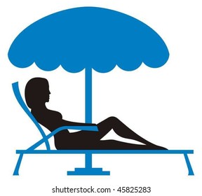 Silhouette Of A Young Woman Relaxing On Lounge Chair With Parasol