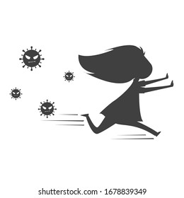 Silhouette Of Young Woman Running Away From Corona Virus. Flat Vector Design. Corona Virus. Covid-19.