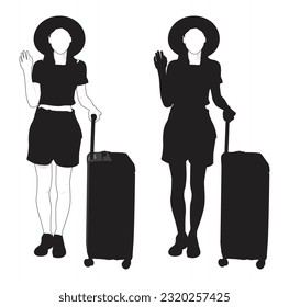 silhouette young woman standing with a suitcase with an exciting gesturing vector