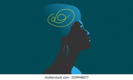 Silhouette Of Young Woman With Tangled Line Inside. Anxiety Disorders, Depression, Medical Treatment And Impact Of COVID‐19 On The Mental Health. Editable EPS Vector Illustration. Blue Background