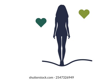 silhouette of a young woman with two hearts around her. minimalist vector graphic