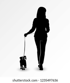 Silhouette of a young woman walking with a dog Jack Russell Terrier on a leash. Vector illustration