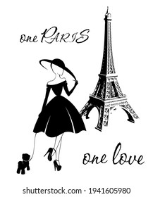 a silhouette of a young woman in a wide-brimmed hat and dress walks with a small dog on the background of the Eiffel Tower. black and white image.