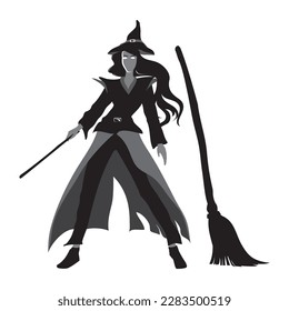 Silhouette young woman witch performing the magic wand stick, broomstick standing next to the witch, isolated on white background in vector illustration