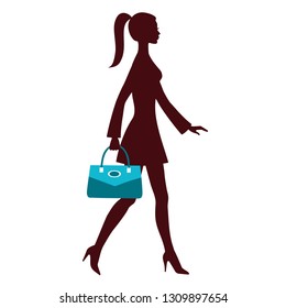 Silhouette of young women with bag, vector illustration for design: banner, card, logotype, flyer.