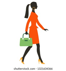 Silhouette of young women with bag, vector illustration for design: banner, card, logotype, flyer.