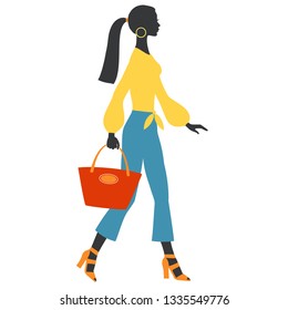 Silhouette of young women with bag, vector illustration for design: banner, card, logotype, flyer.