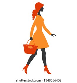 Silhouette of young women with bag, vector illustration for design: banner, card, logotype, flyer.