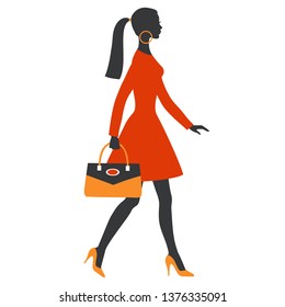 Silhouette of young women with bag, vector illustration for design: banner, card, logotype, flyer.