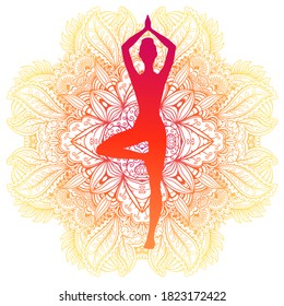 Silhouette of young women in yoga pose in mandala ornament background, template, logo for yoga studio, vector illustration.