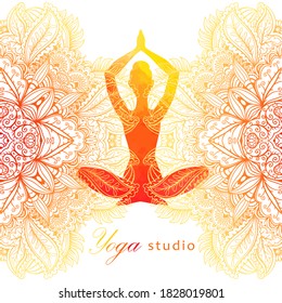 Silhouette of young women in yoga pose in mandala ornament background, template, logo for yoga studio, vector illustration.