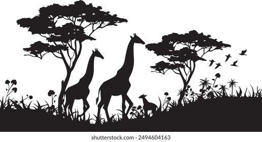 Silhouette zebra in jungle, black color only, vector style, simple unique design, Africa jungle
