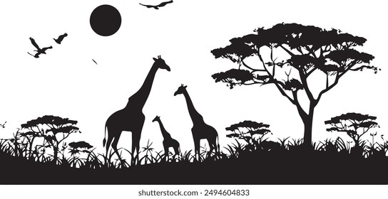 Silhouette zebra in jungle view, black nature, vector