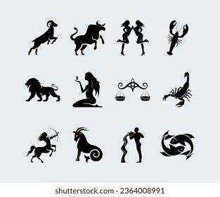 Silhouette zodiac symbols and signs vector flat icons set