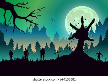 
Silhouette Zombie arm reaching out from ground in a full moon night. Ideal for nightclub poster green theme