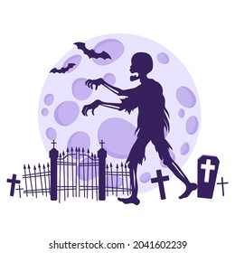 Silhouette of a zombie in a cemetery against the background of a full moon and bats. Traditional Halloween symbol and decorative element. Vector cartoon isolated illustration.