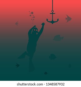 Silhouette of zombie diver catching the vesel anchor. Underwater world background. . Marine life and fauna.