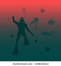 Silhouette of zombie diver. Underwater world background. . Marine life and fauna.