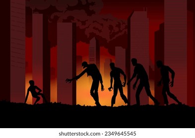 Silhouette zombie group walk into man fall on the floor for attack with red background of high building in the city and fume. Illustration about zombie virus infect of urban people.