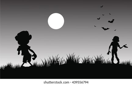 Silhouette of zombie halloween with gray backgrounds illustration
