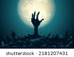 Silhouette zombie Hands and arms rising out of skull pile and bones on full moon background. Illustration about zombies and ghosts resurrecting out of Hell.