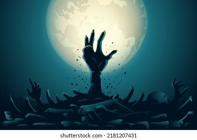 Silhouette zombie Hands and arms rising out of skull pile and bones on full moon background. Illustration about zombies and ghosts resurrecting out of Hell.