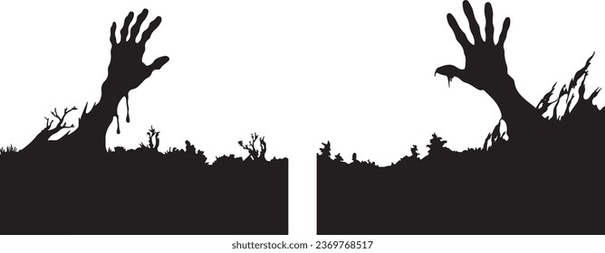 Silhouette de las manos zombies. Camiones asombrados Zombie Emergiendo de Graveyard Ground Vector Illustration Set. Halloween Zombie Hands