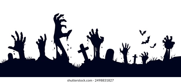 Silhouette Of Zombie Hands Rising Up On Graveyard