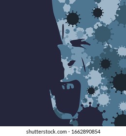 Silhouette of a zombie head. Health relative brochure, report or leaflet design template. Scientific medical designs. Virus outbreak concept. Group of viruses on backdrop. Double exposure effect