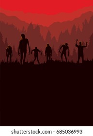 Silhouette of Zombie horde was exiting out of the graveyard at night. Ideal for Halloween theme poster and other.