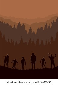 Silhouette of Zombie horde was exiting out of the graveyard at night. Ideal for Halloween theme poster and other.