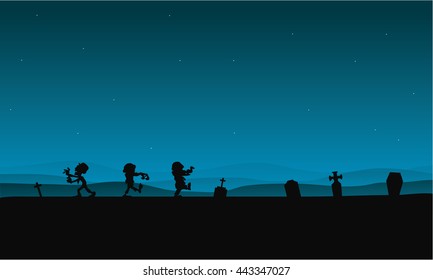 Silhouette of zombie and tomb Halloween with blue backgrounds