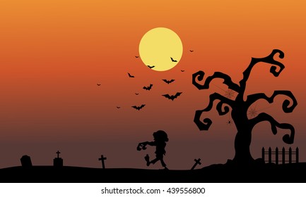 Silhouette of zombie in the tomb halloween illustration