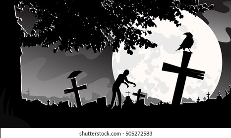  Silhouette zombie walking on the graveyard at night, panorama landscape cemetery, full moon, tombstones, black and white, tree, crows, scary Halloween theme or background. vector illustration 