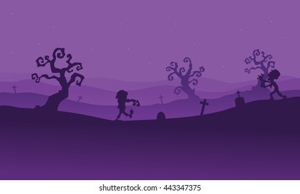 Silhouette of zombie walking in tomb with purple backgrounds