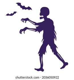 Silhouette of zombies and bats. Traditional Halloween symbol and decorative element. Vector cartoon isolated illustration.