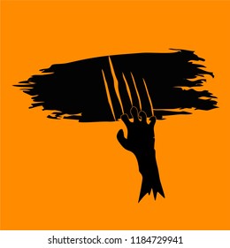Silhouette of zombies hand scratching wall isolated on orange background. Vector illustration of Halloween theme