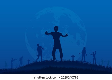 Silhouette zombies walking in full moon night on cemetery background, Halloween concept flat illustration vector.