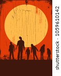 Silhouette of zombies walking at graveyard, Vector Illustration