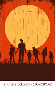 Silhouette Of Zombies Walking At Graveyard, Vector Illustration