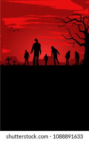 Silhouette of zombies walking at graveyard, Vector Illustration